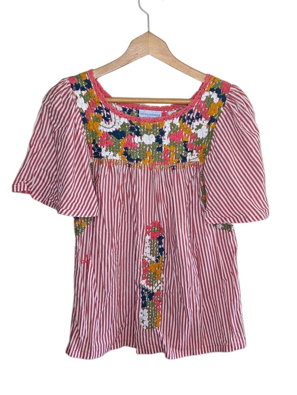 Mi Golondrina Dark Pink Striped Floral Embroidered Top Size XS Boho Cottagecore